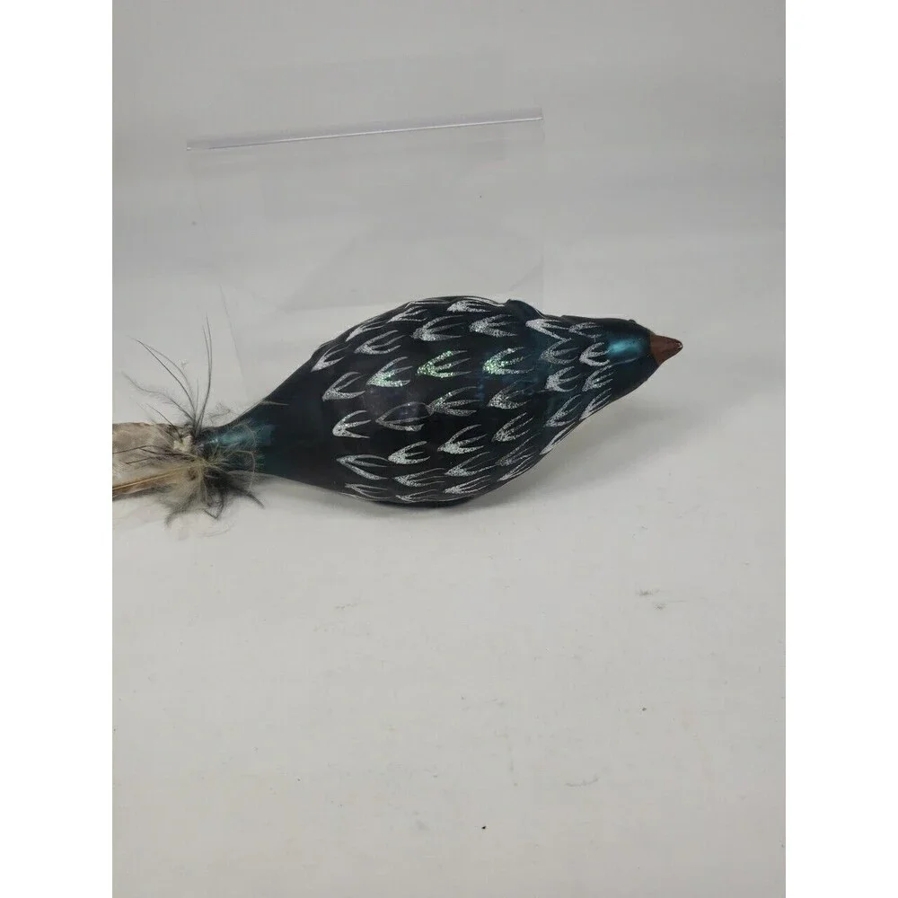 Blown Glass Bird Christmas Tree Ornament Feathers Glitter Dark Green Unique